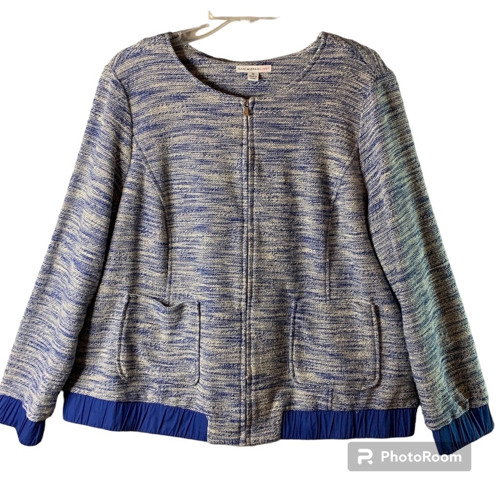 Isaac Mizrahi Live! Womens Size XL Cardigan Blue & White Full Zip Sweater